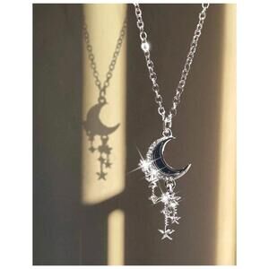 Black crescent moon - Necklace - Silver - CZs - 18"